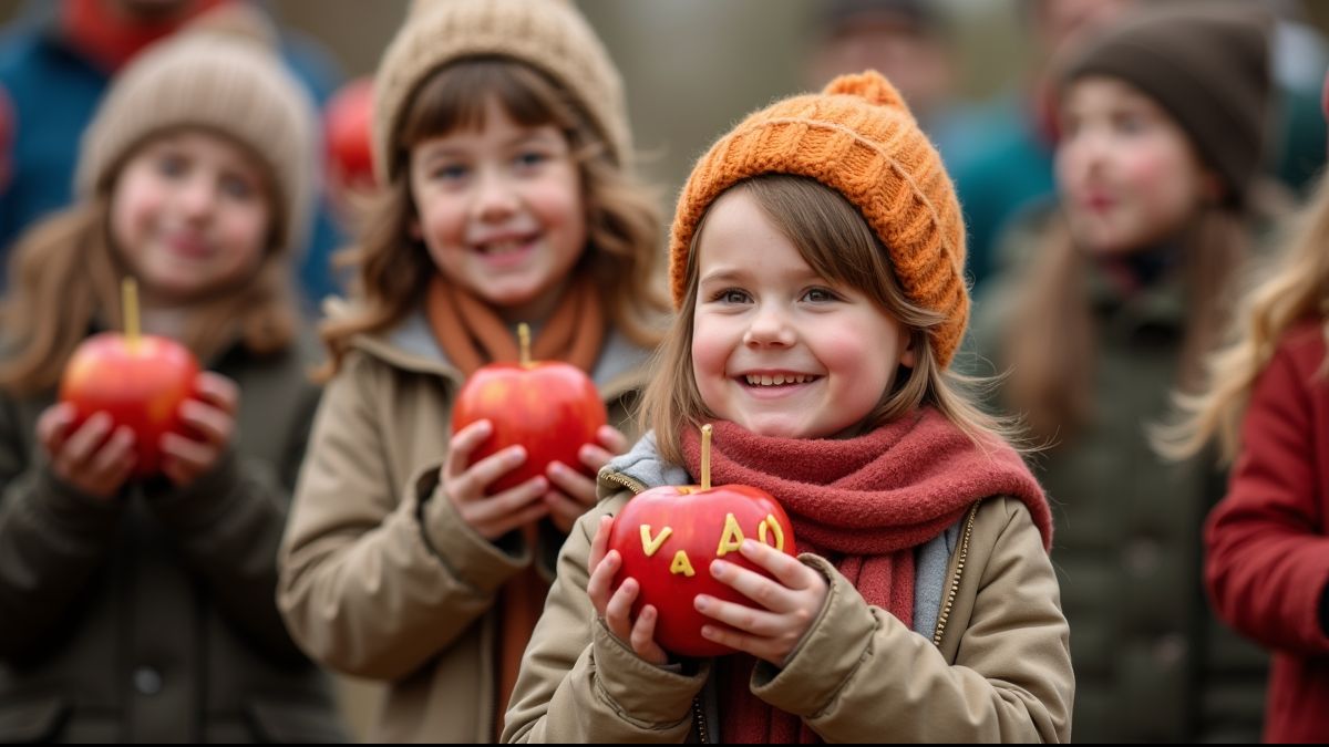 Kinderen die versierde appels dragen tijdens Calennig