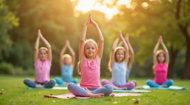Kinderen doen yoga in een kleurrijke parkomgeving.