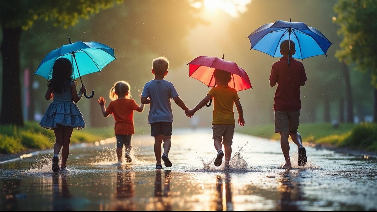 Kinderen en volwassenen die spelen in plassen met paraplu's