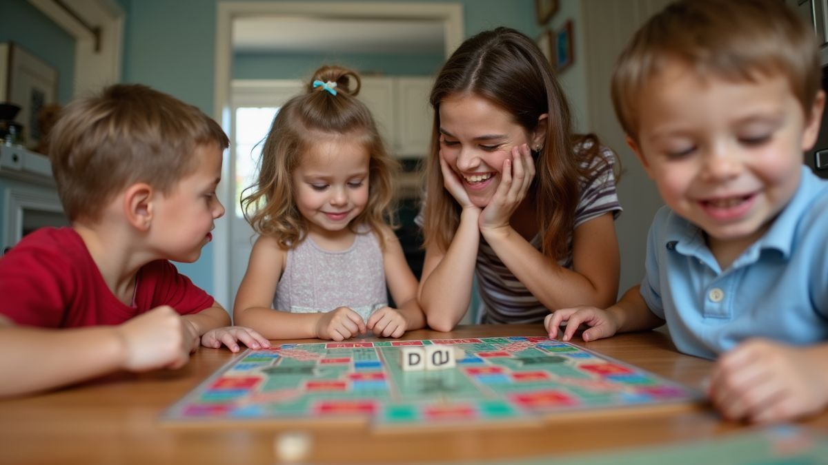 Kinderen en volwassenen spelen Scrabble thuis
