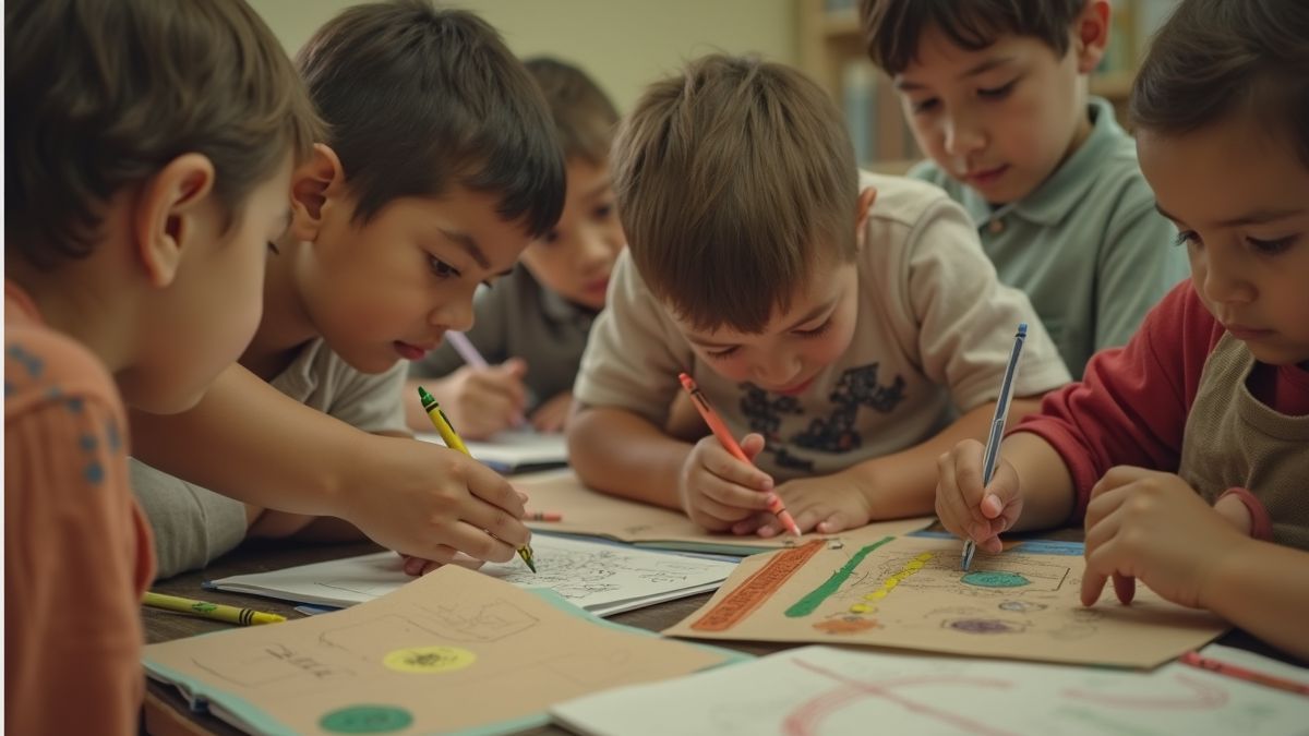 Kinderen gebruiken kleurpotloden in de klas