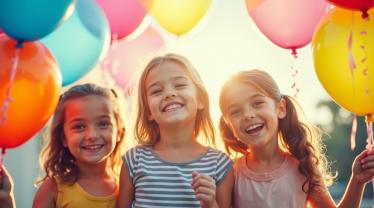 Kinderen glimlachen tijdens een wensvervulling, met kleurrijke ballonnen en decoraties.