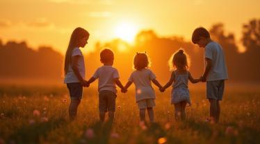 Kinderen hand in hand in een cirkel op het gras