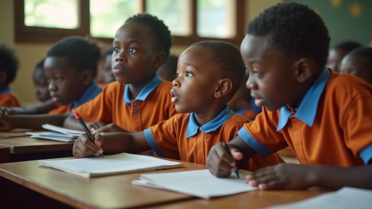 Kinderen in een klaslokaal die de nalatenschap van Nelson Mandela bespreken.