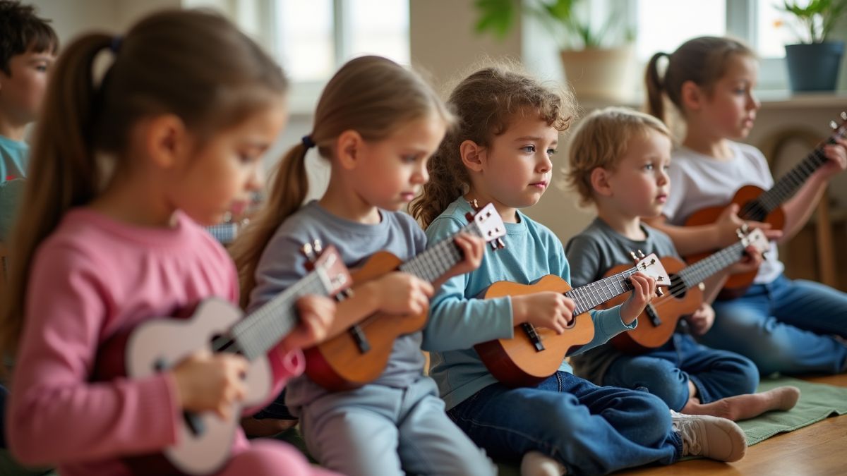 Kinderen in een muziekles die samen ukulele leren spelen.