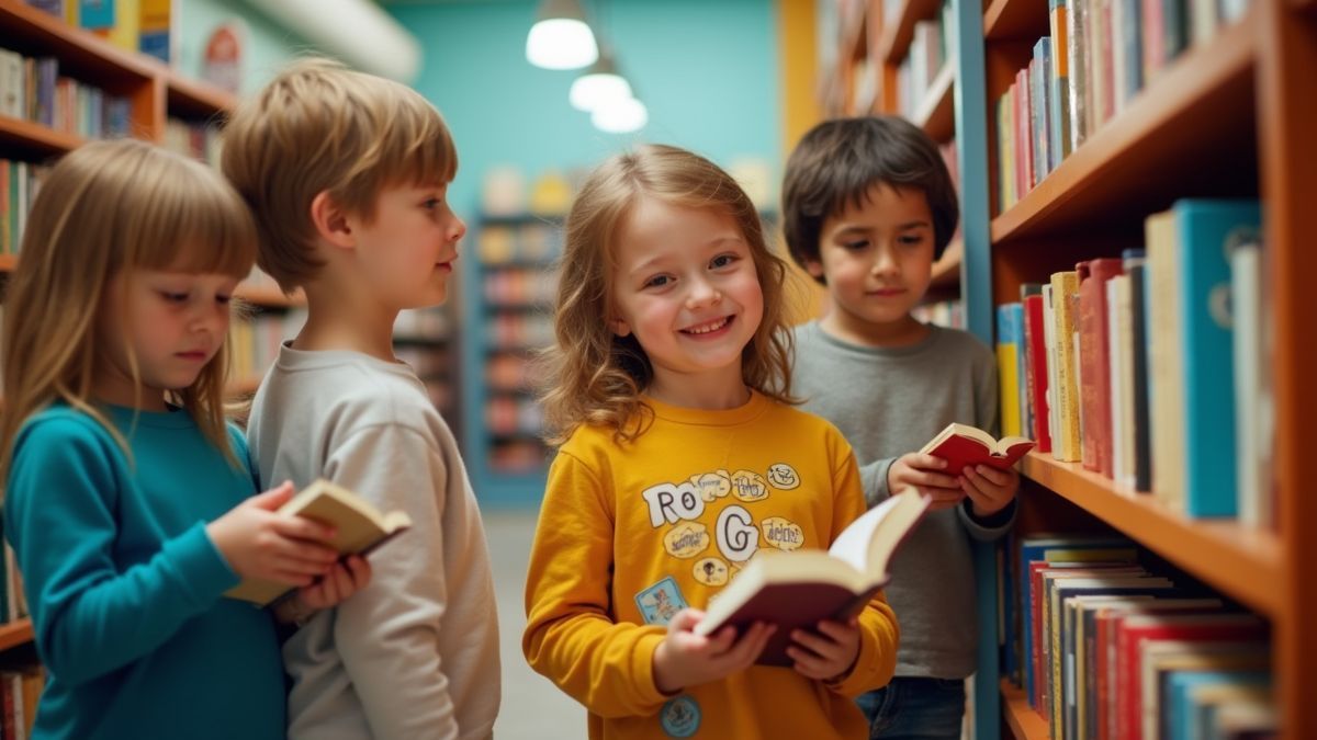 Kinderen kiezen boeken in een kleurrijke boekwinkel