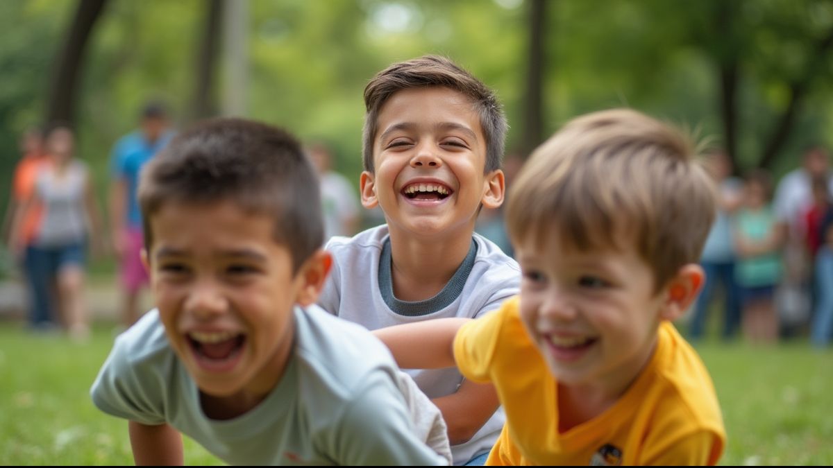 Kinderen lachen en spelen spelletjes in een park