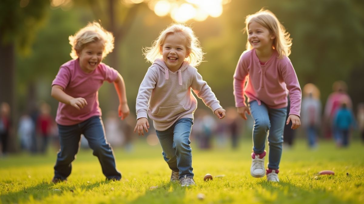 Kinderen lachen en spelen spelletjes in een park