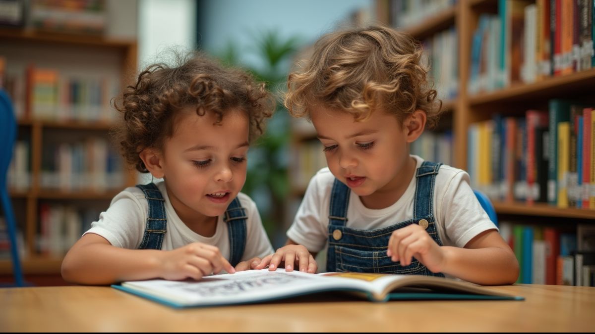 Kinderen lezen boeken over zebra's in een bibliotheek