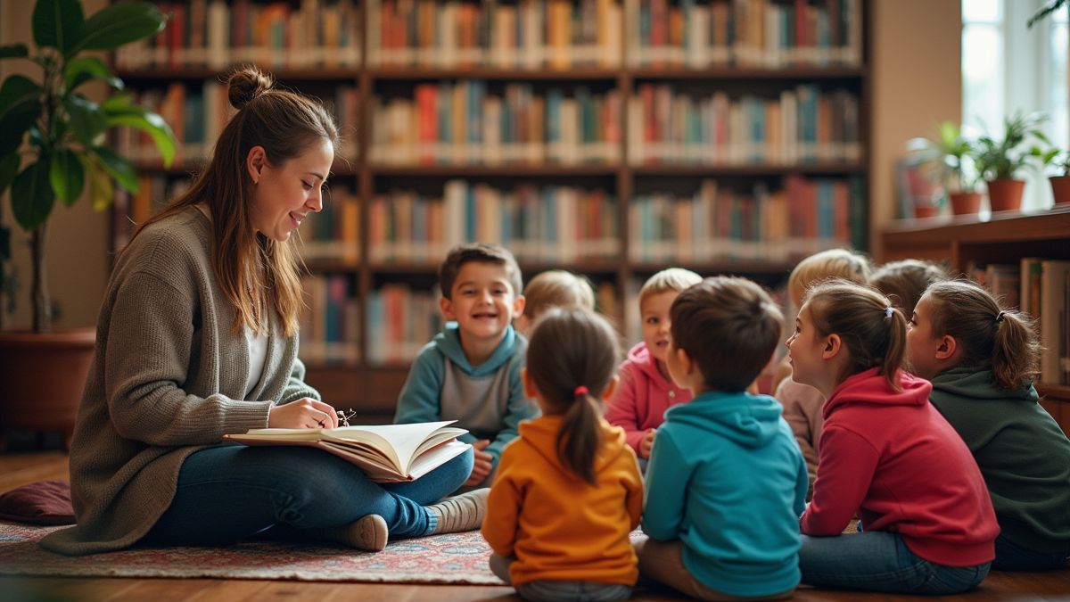 Kinderen luisteren naar een verteller in een bibliotheek.