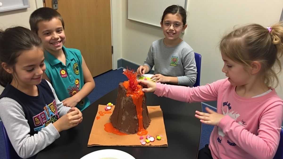 Kinderen maken een vulkaanm-model voor Vesuvius Dag