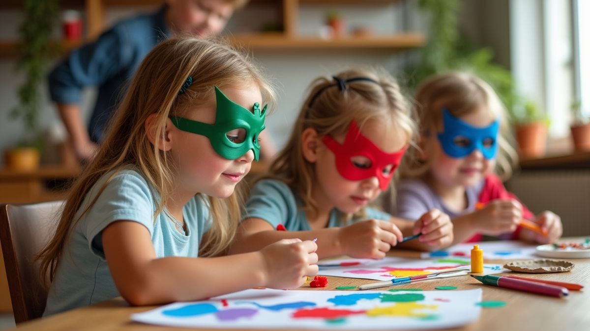 Kinderen maken kleurrijke superheldenmaskers in een familieomgeving