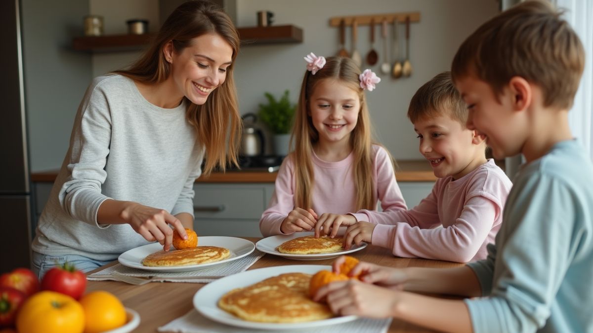 Kinderen maken pannenkoeken met hun ouders in pyjama's