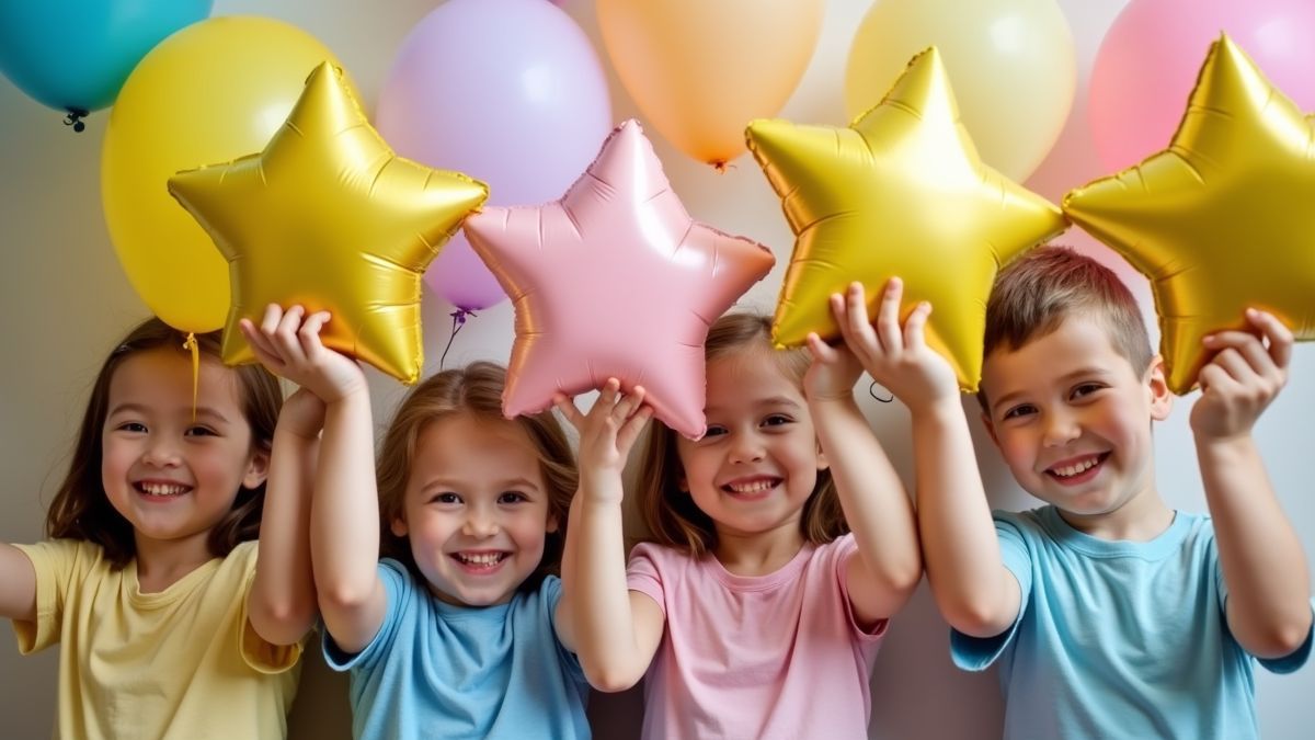 Kinderen met stervormige ballonnen tijdens viering van wensen.