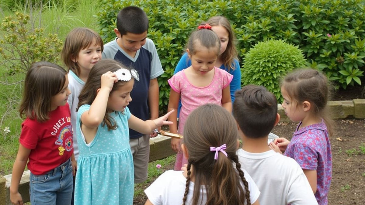 Kinderen observeren vlinders in de tuin.