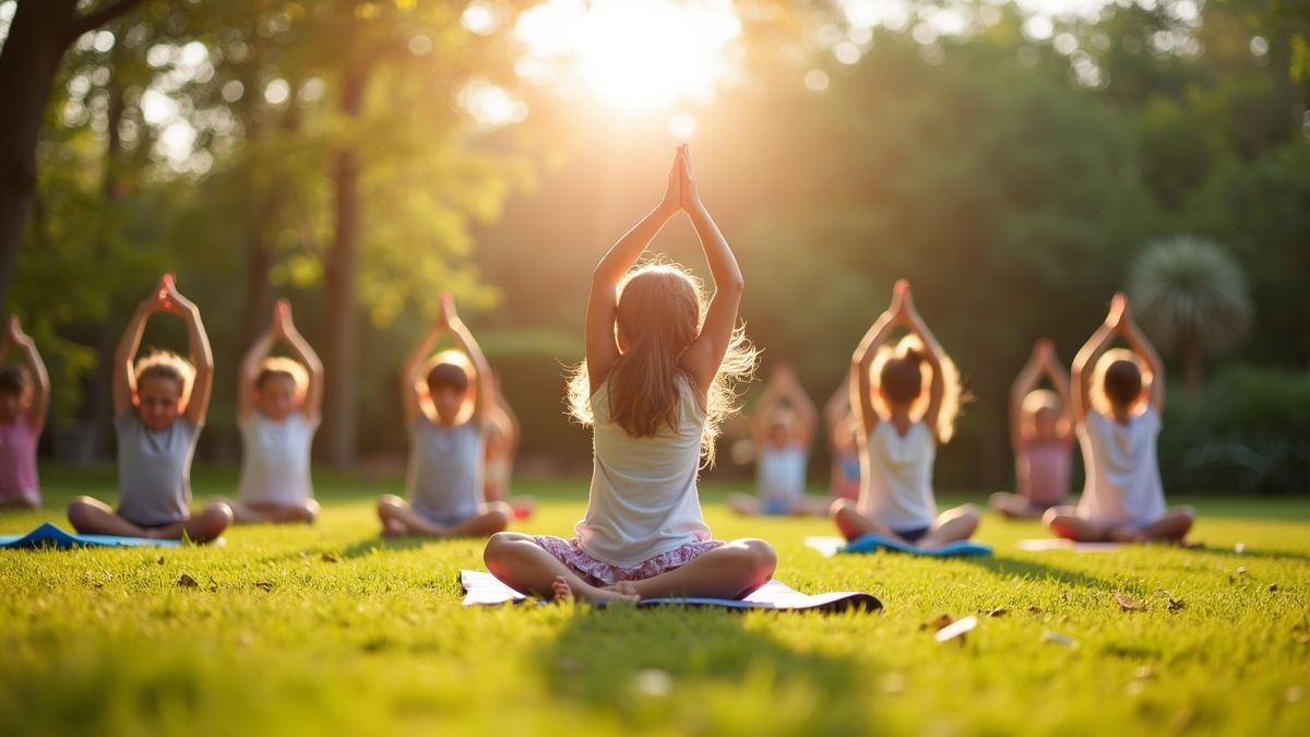 Kinderen oefenen yoga posities in een zonnige tuin.