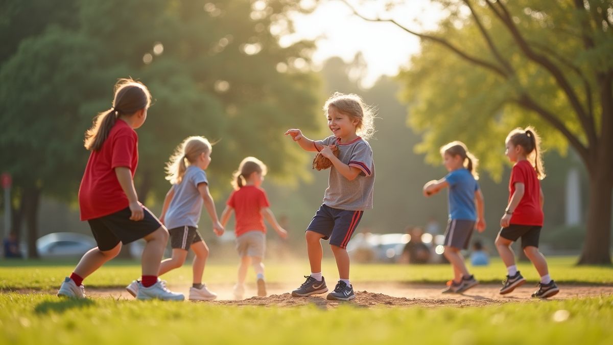 Kinderen spelen baseball in een zonovergoten park.
