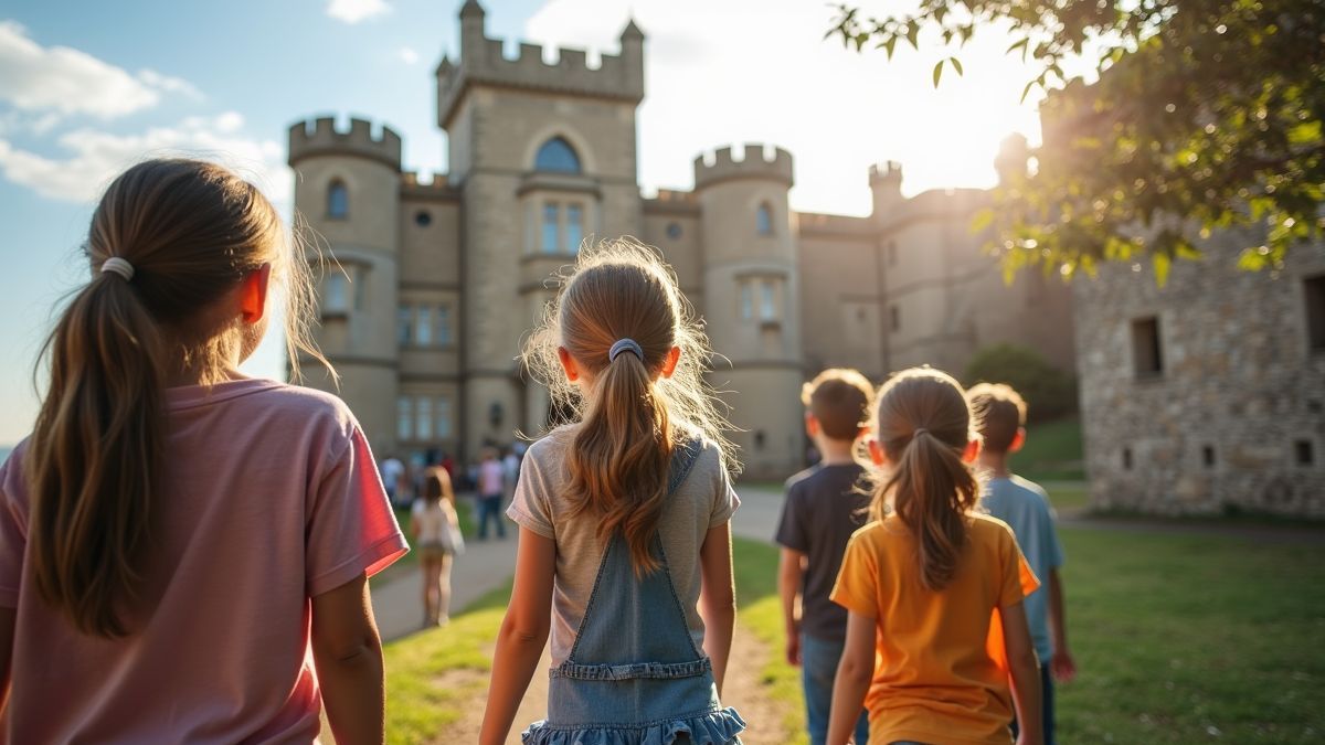Kinderen verkennen een oud kasteel.