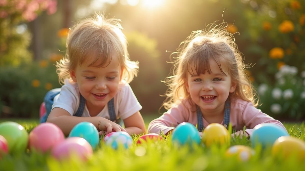 Kinderen zoeken met blijdschap naar verborgen paaseieren in een kleurrijke tuin.
