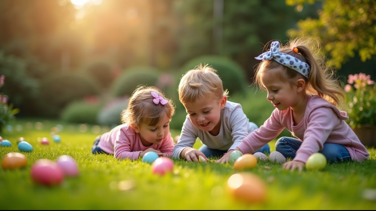 Kinderen zoeken naar paaseieren in een Belgische tuin