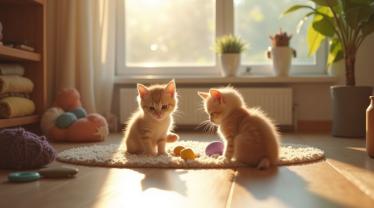 Kittens die spelen met speeltjes in een zonnig huis
