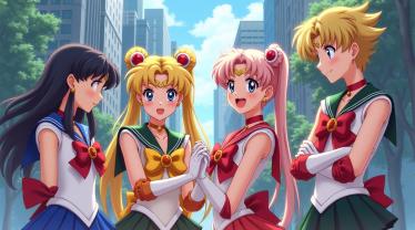 Kleurrijke afbeelding van Sailor Moon personages die samen lachen in een stad.