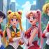 Kleurrijke afbeelding van Sailor Moon personages die samen lachen in een stad.