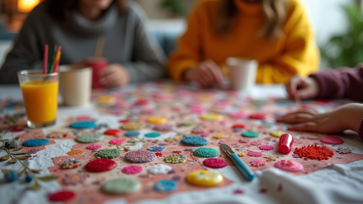 Kleurrijke DIY nagelkunstbenodigdheden tijdens een gezellige thuisfeest.