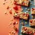 Kleurrijke flat lay van granolarepen met noten en fruit.