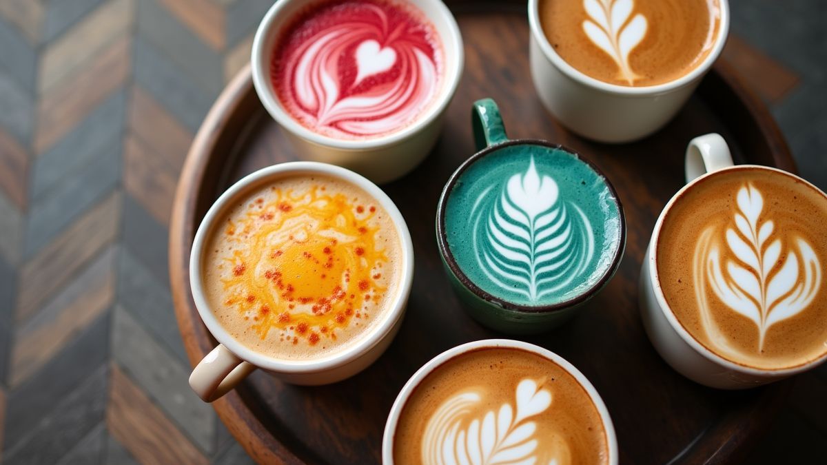 Kleurrijke latte art designs in verschillende kopjes.