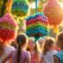 Kleurrijke piñatas in een feestelijke buitenomgeving met kinderen die vieren.
