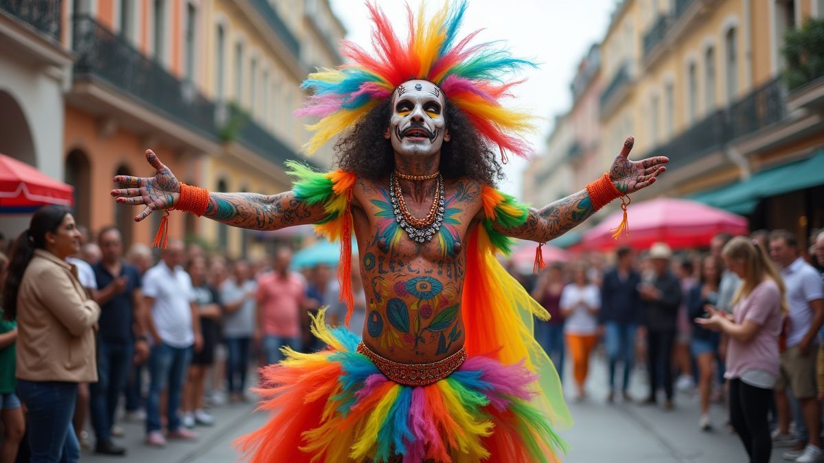 Kleurrijke straatvoorstelling met excentrieke artiest