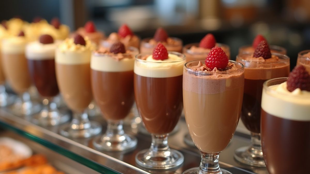 Kleurrijke variaties van chocolademousse in verschillende glazen op een patisserievitrine.