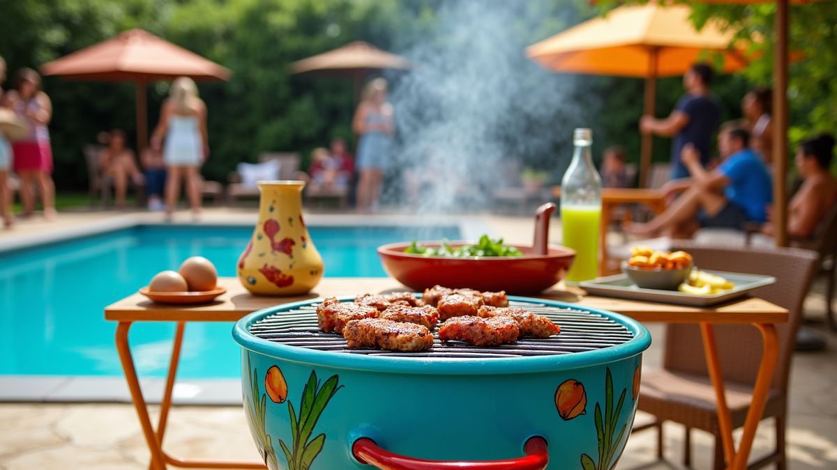 Kleurvolle BBQ setup bij een zwembad met mensen