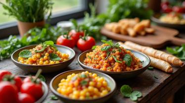 Een mooi gedekte tafel met duurzame gerechten en verse lokale ingrediënten