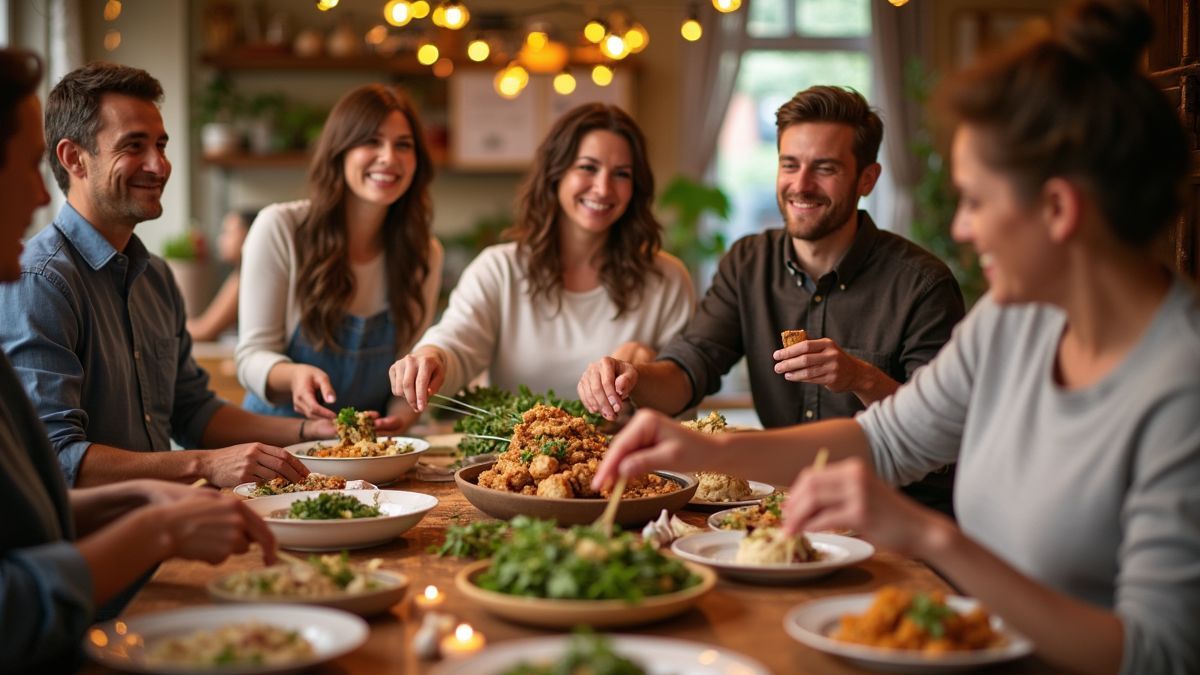 Knoflookfeest met gerechten en vrolijke mensen