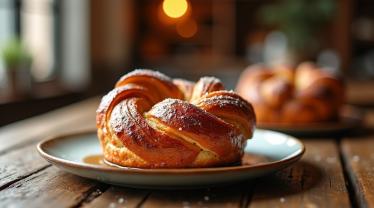 Een heerlijke kouign amann op een rustieke houten tafel