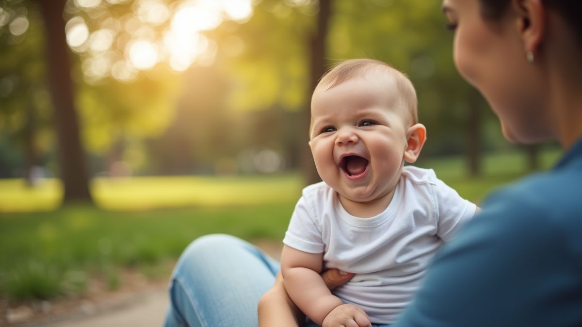 Lachende baby zittend op schoot van ouder in een park.