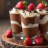 Lagen van chocolade parfaits in glazen bekers met toppings.