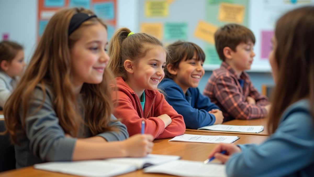 Leerlingen bezig met interpunctie-activiteiten in de klas.