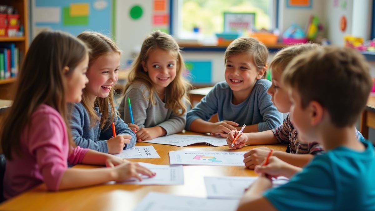 Leerlingen bezig met interpunctie-activiteiten in de klas.