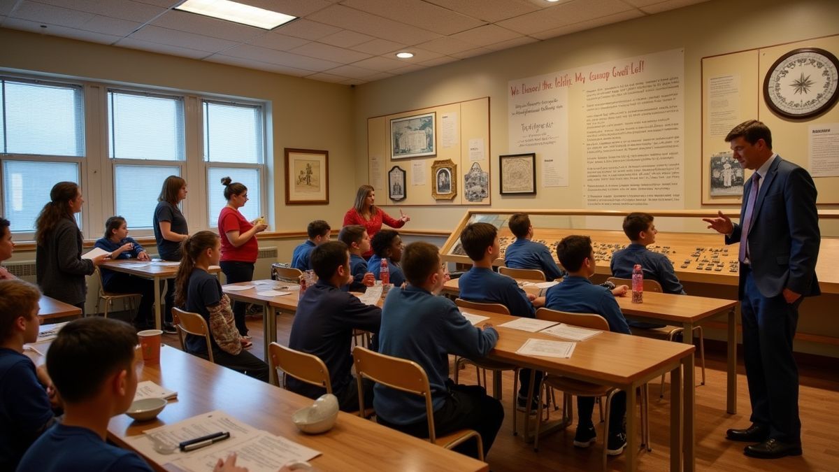 Leerlingen in een museum die deelnemen aan een rondleiding.