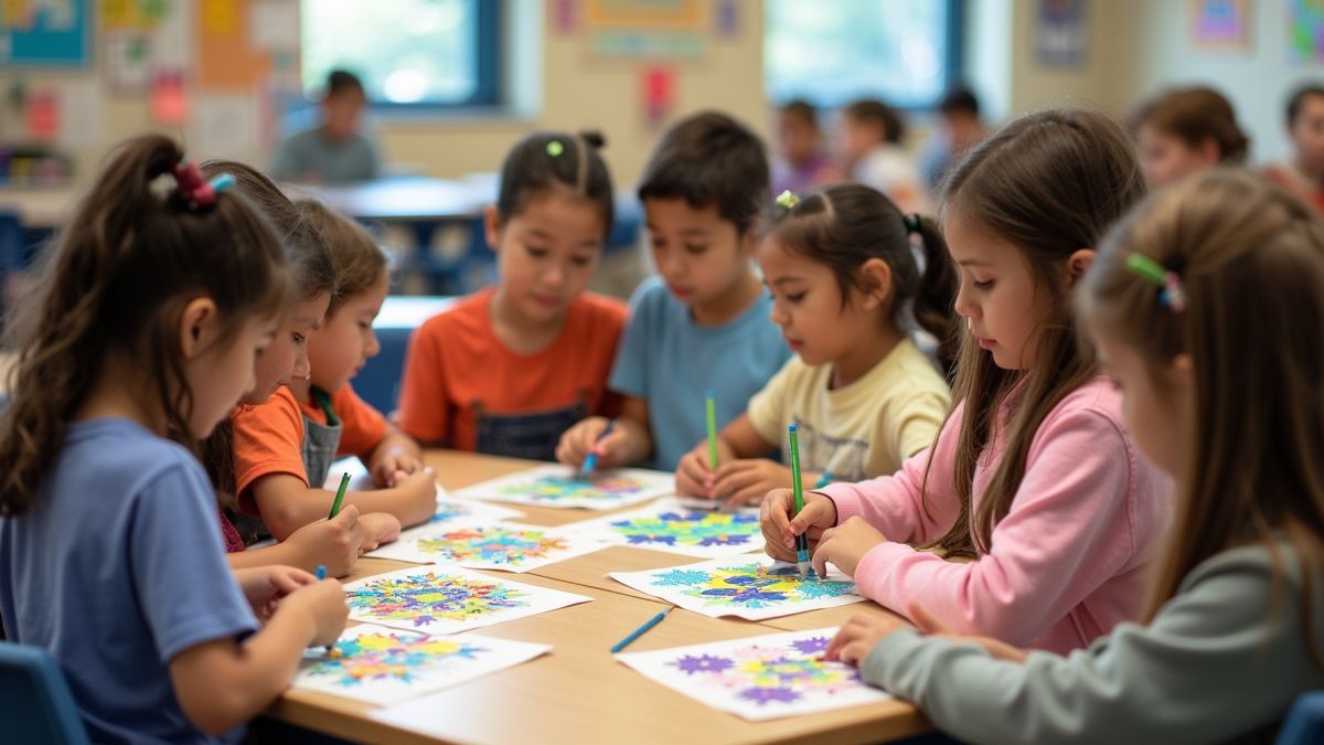 Leerlingen werken aan hun tessellatie kunstprojecten.