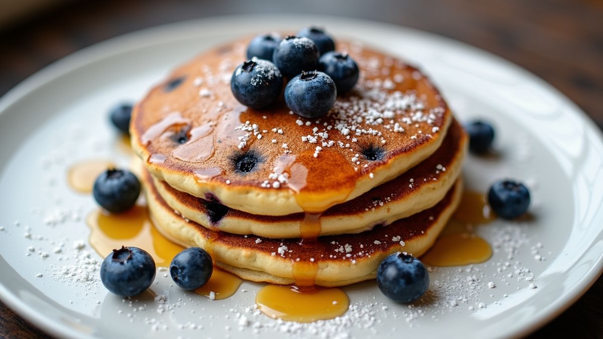 Lekkere stapel bosbessenpannenkoeken met verse bessen.