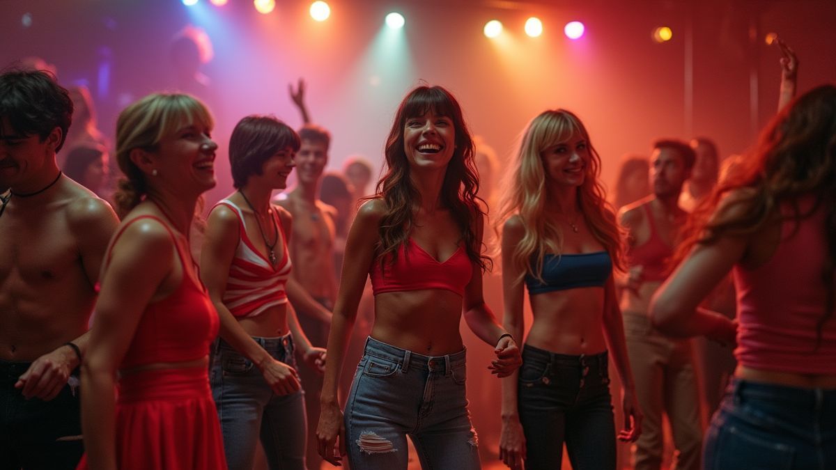Levende feestscène met mensen gekleed als one-hit wonder artiesten