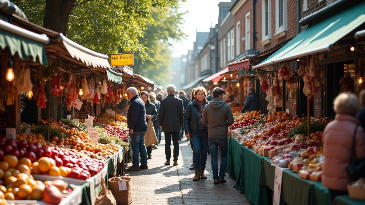 Levendige lokale markt met Norfolk-producten en bezoekers