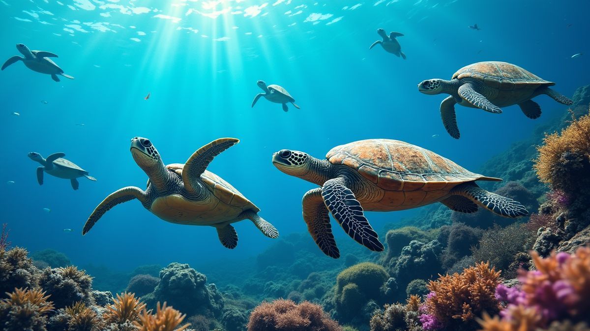 Levendige onderwater scène met verschillende soorten schildpadden die samen zwemmen.