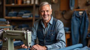 Levi Strauss met denim en naaimachine