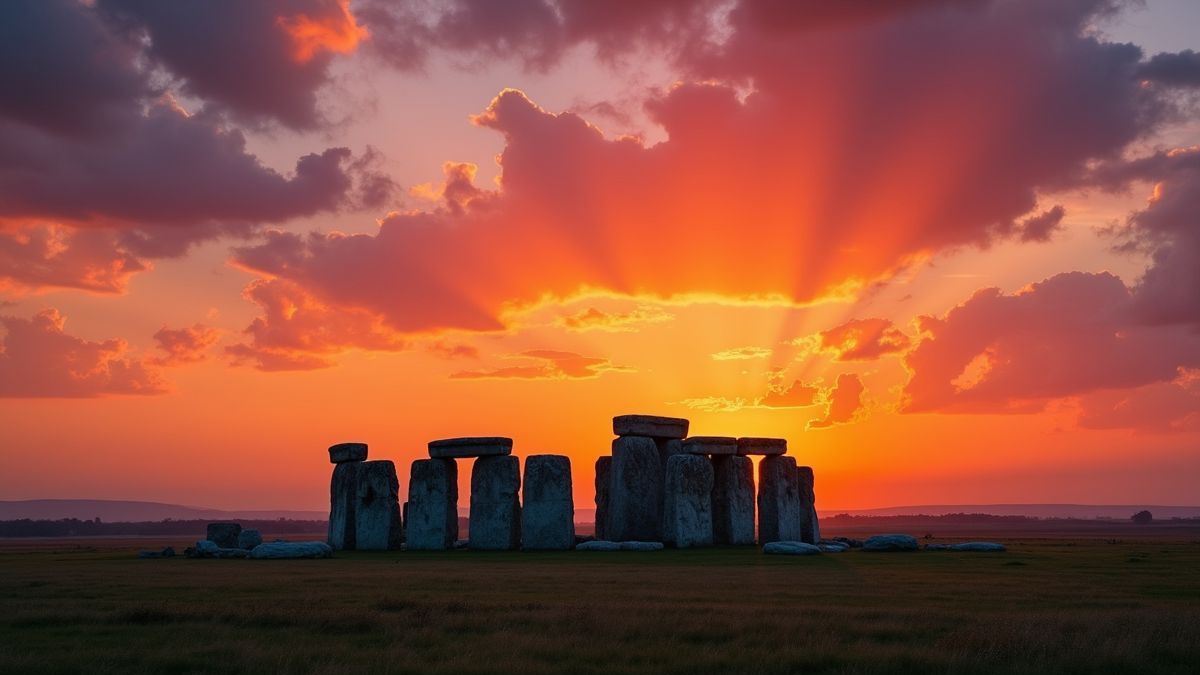 Luchtfoto van Stonehenge bij zonsondergang.