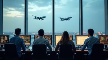 Luchtverkeersleiders in actie in een controletoren.